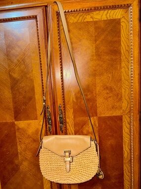 Authentic Michael Kors Tan Straw Crossbody Bag with Leather Trim